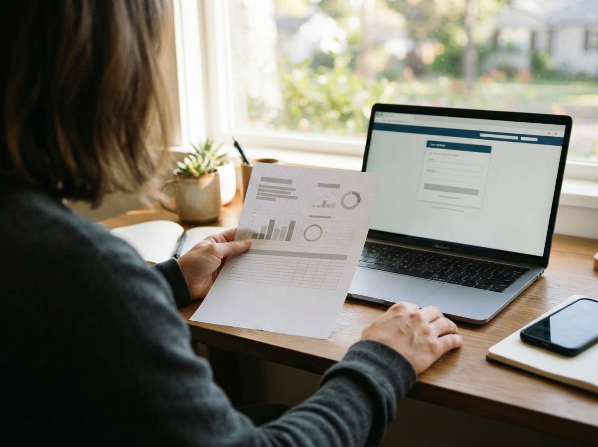 A borrower compares a printed repayment plan sheet with their loan servicer account open on a laptop.