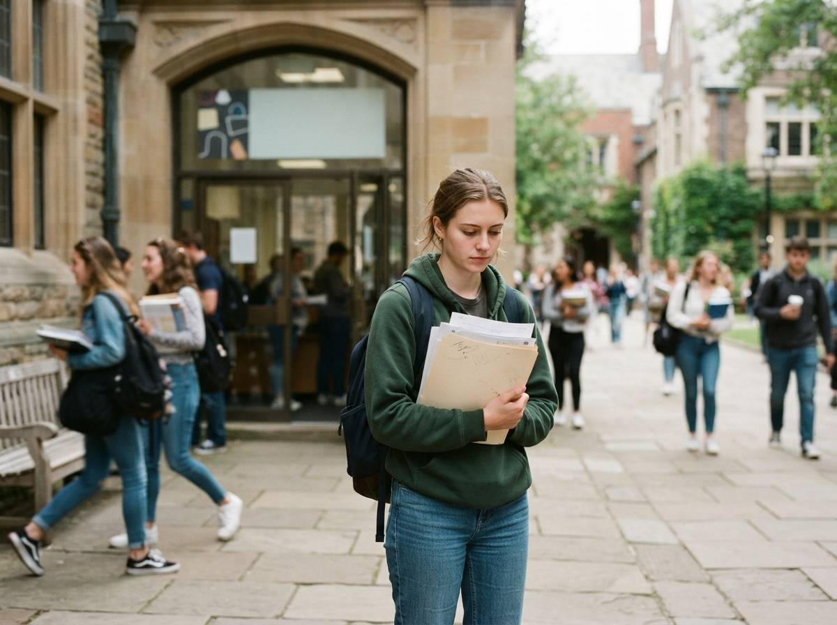 A college student holds paperwork outside a university financial aid office.
