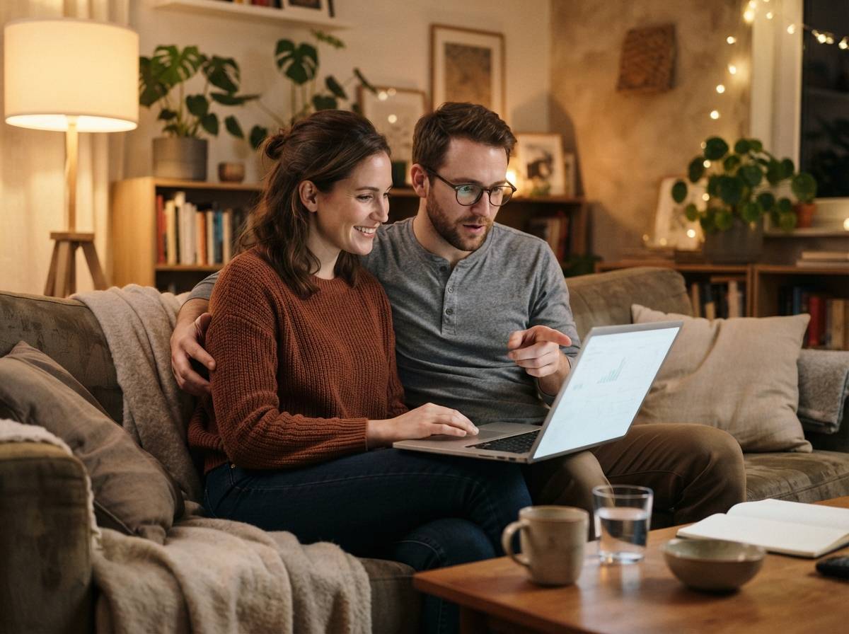 A couple reviews their shared household budget together on a laptop in their living room.