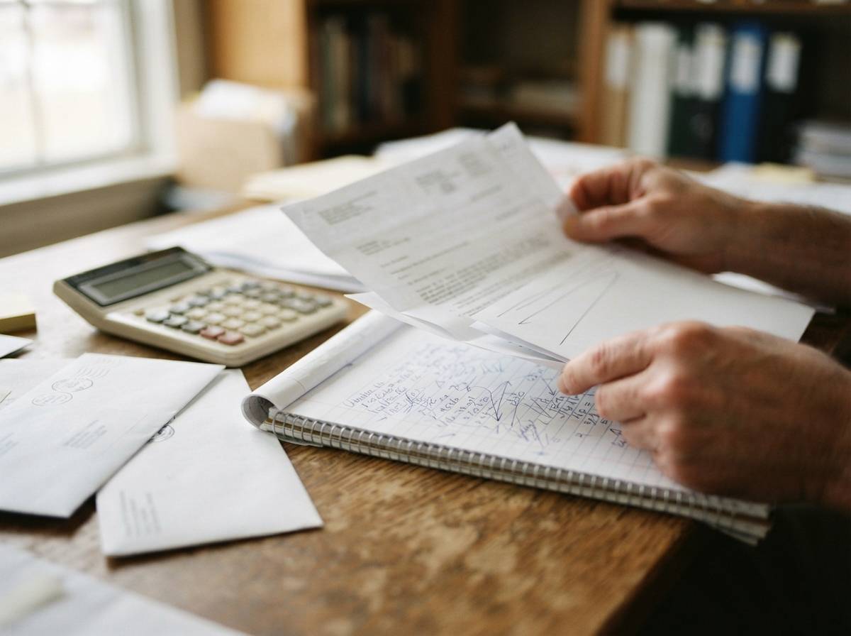 A desk covered with IRS paperwork, a calculator, and handwritten notes during a tax consultation.