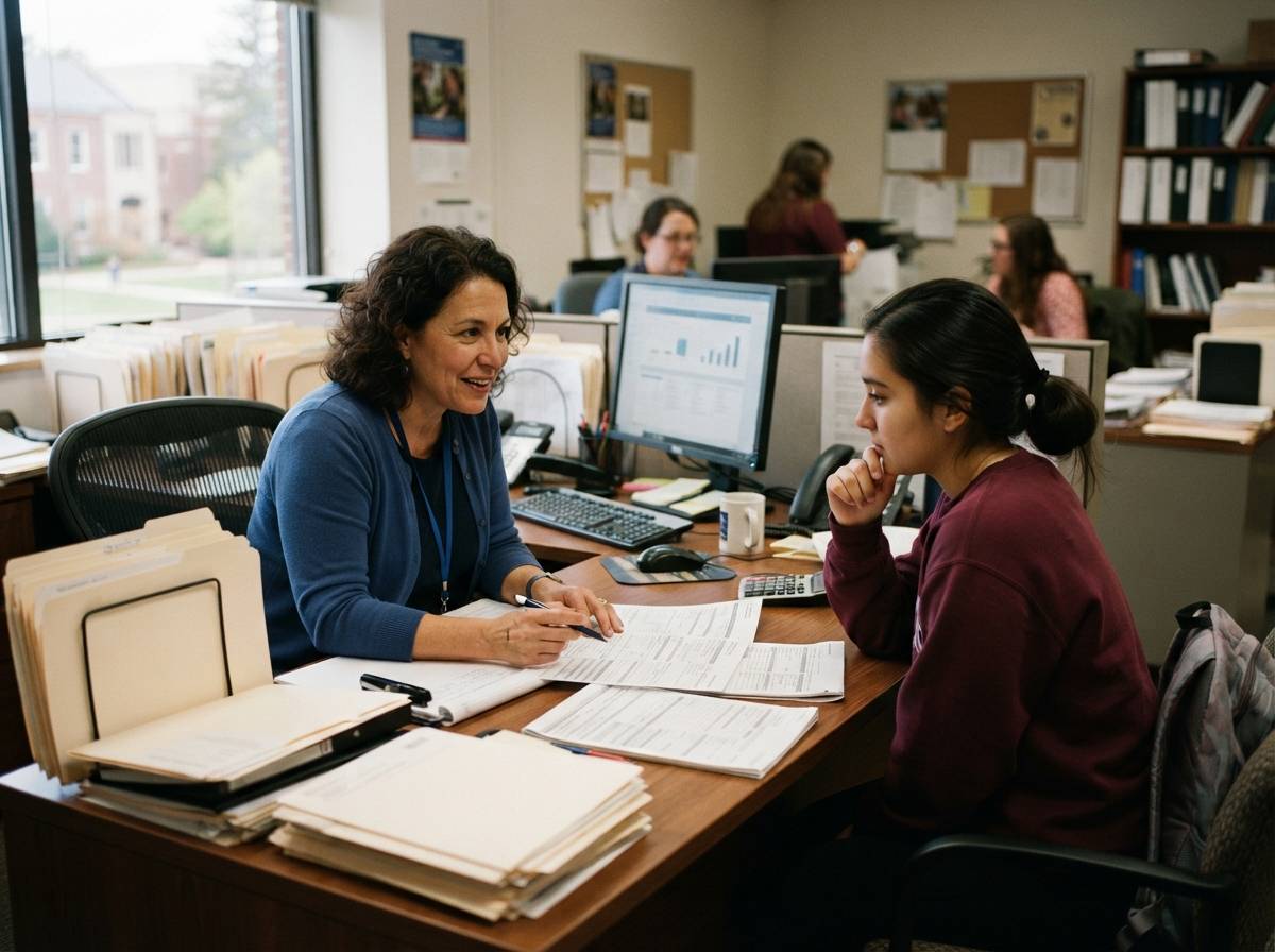 A financial aid staff member reviews paperwork with a student inside a college office.