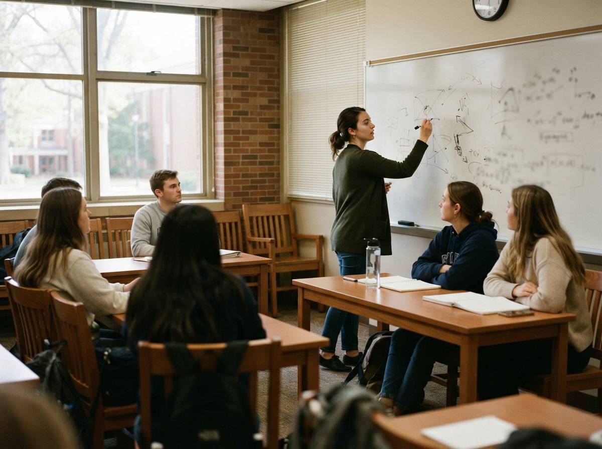 A graduate teaching assistant writes on a whiteboard in front of a small group of undergraduate students.