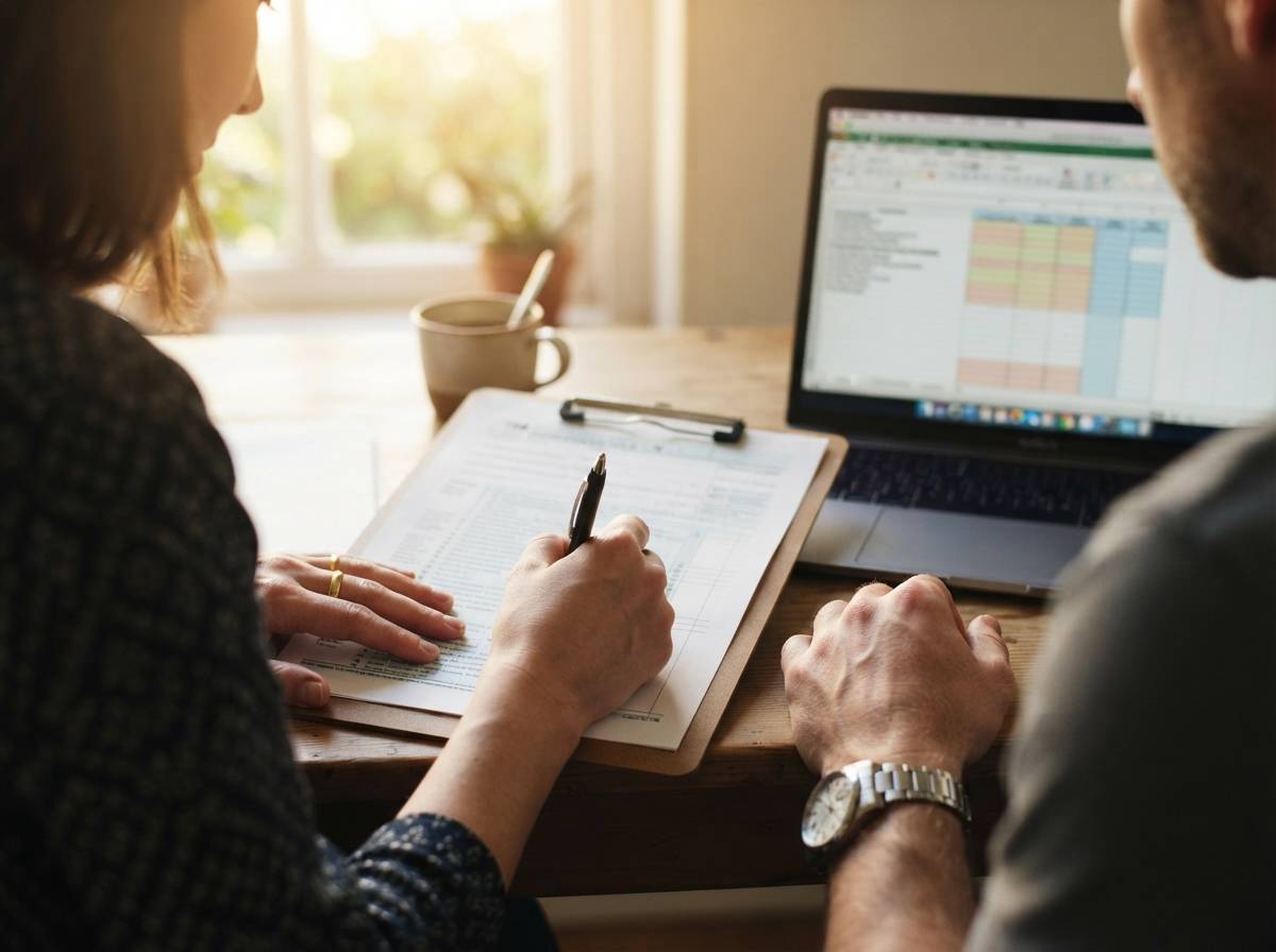 A hand wearing a wedding ring fills out a tax form beside a laptop.