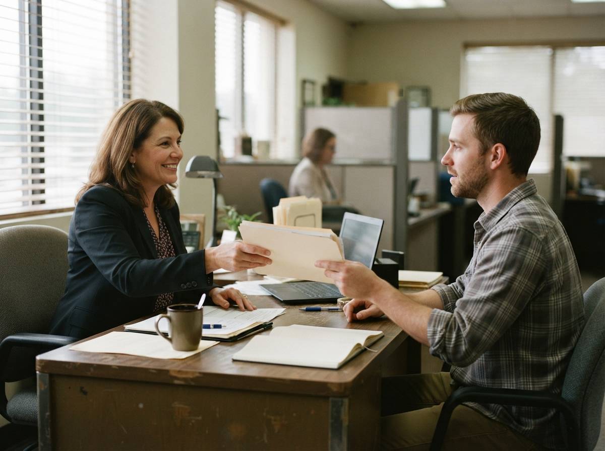 A homeowner signs mortgage loan paperwork at a lender's desk.