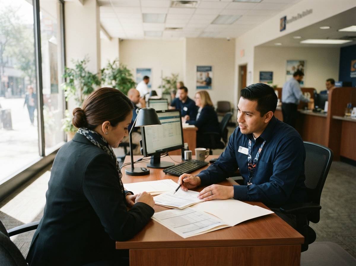 A loan officer and customer review paperwork together at a bank desk.