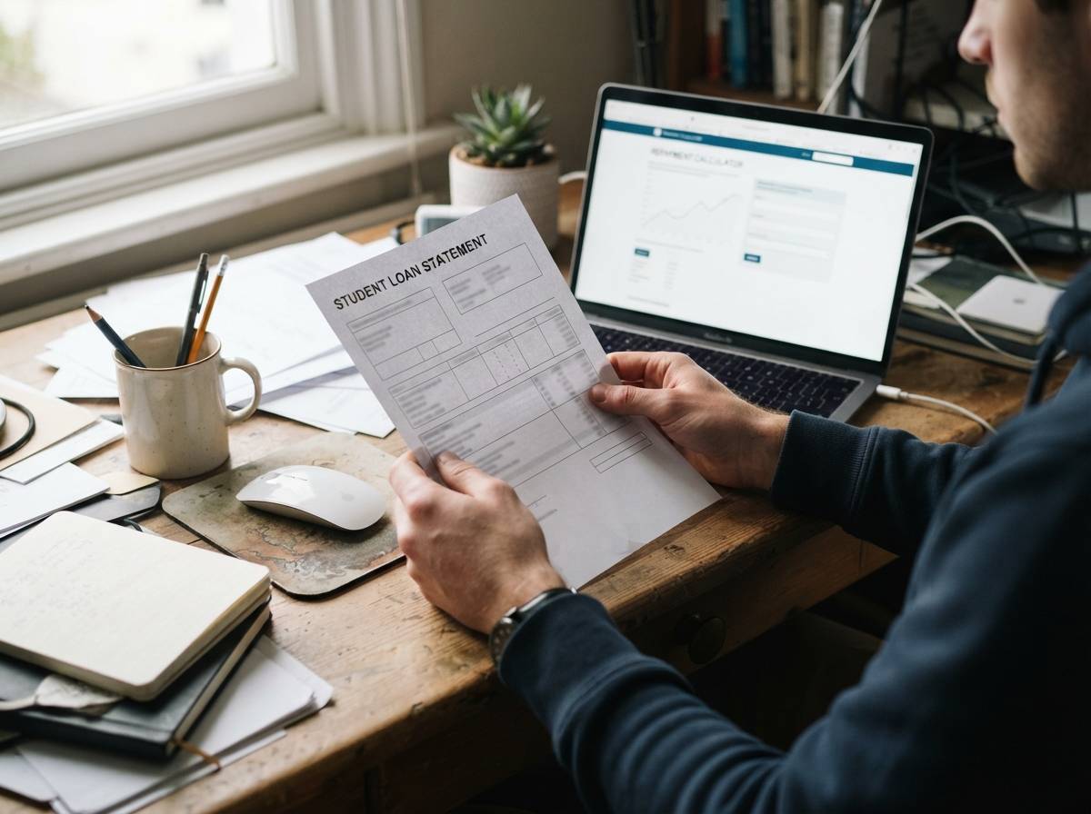 A man reviews a printed student loan statement beside a laptop showing a repayment calculator.