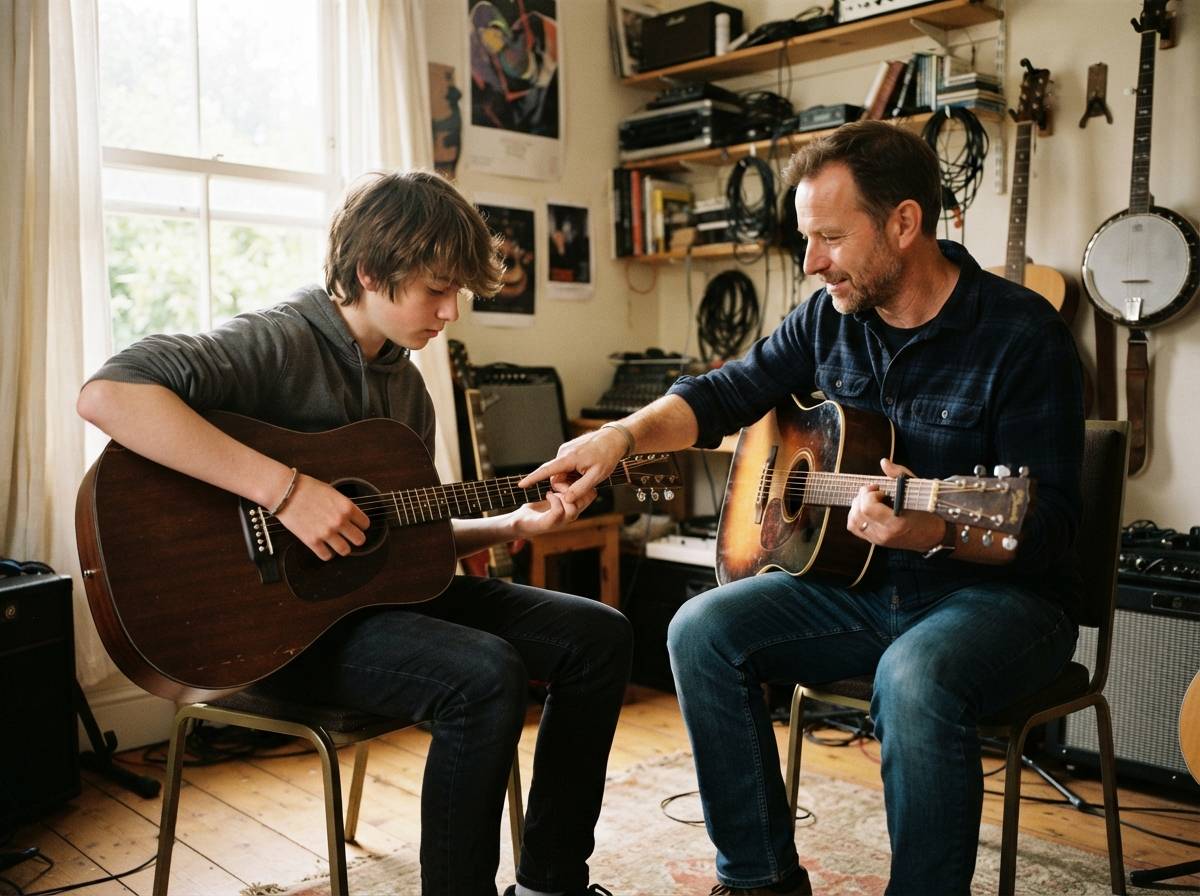 A man teaches a guitar lesson to a student in a sunlit home studio.