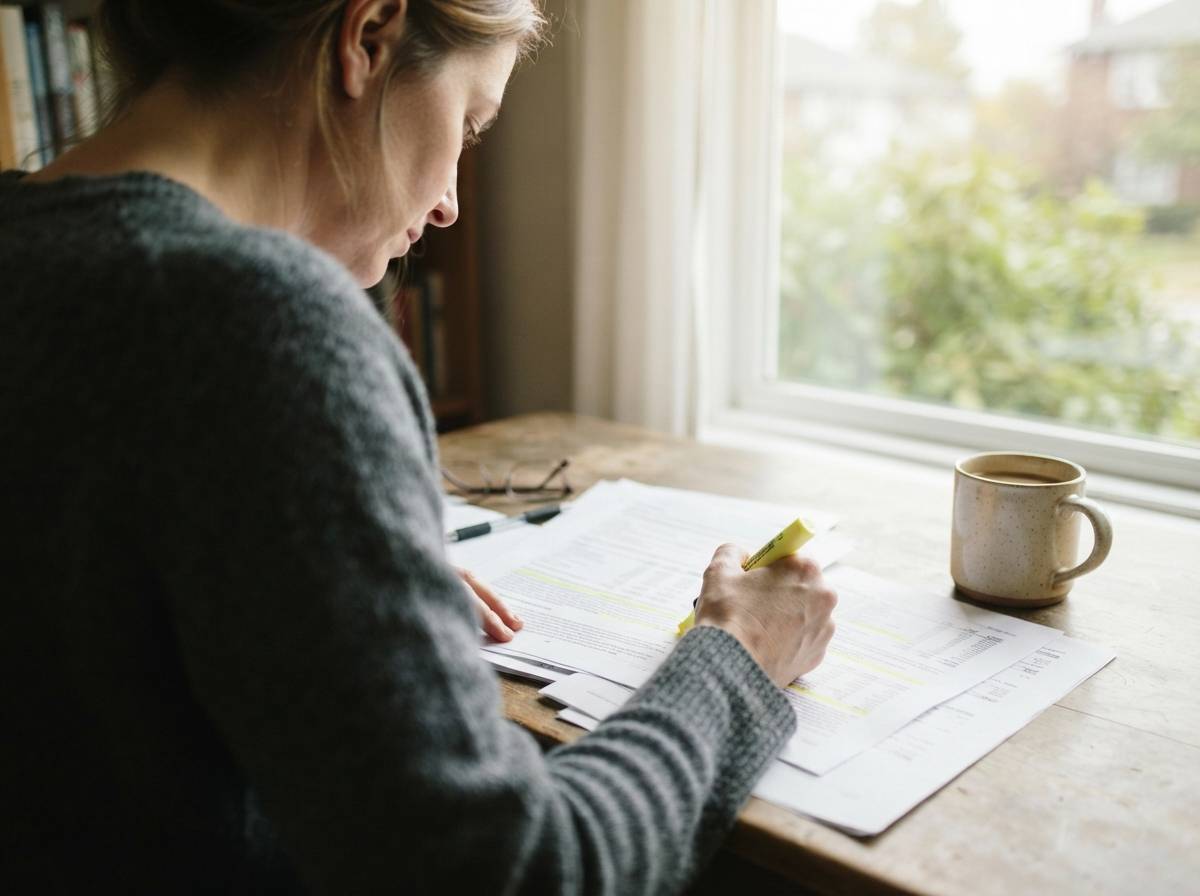 A person highlights details on a printed student loan statement at a table near a window.