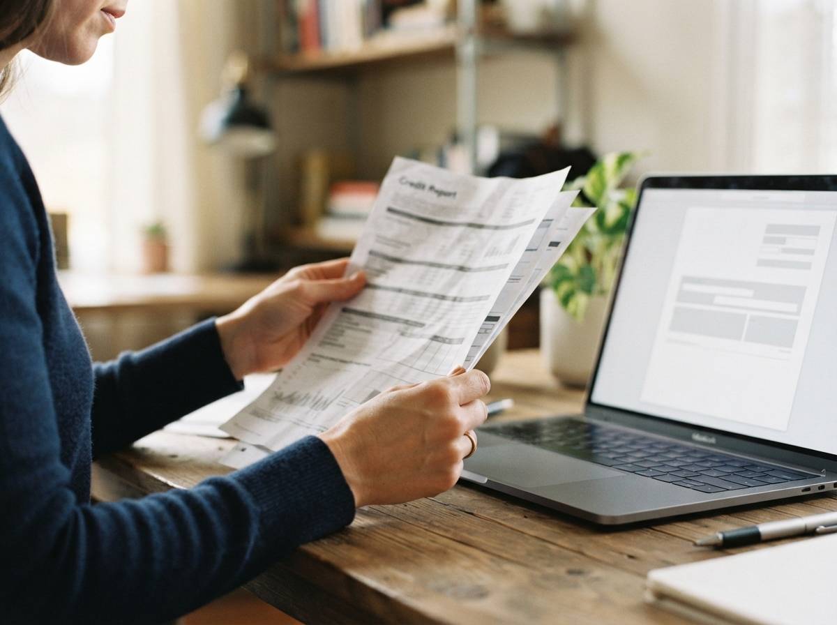 A person holds a credit report next to a laptop displaying a loan consolidation application.