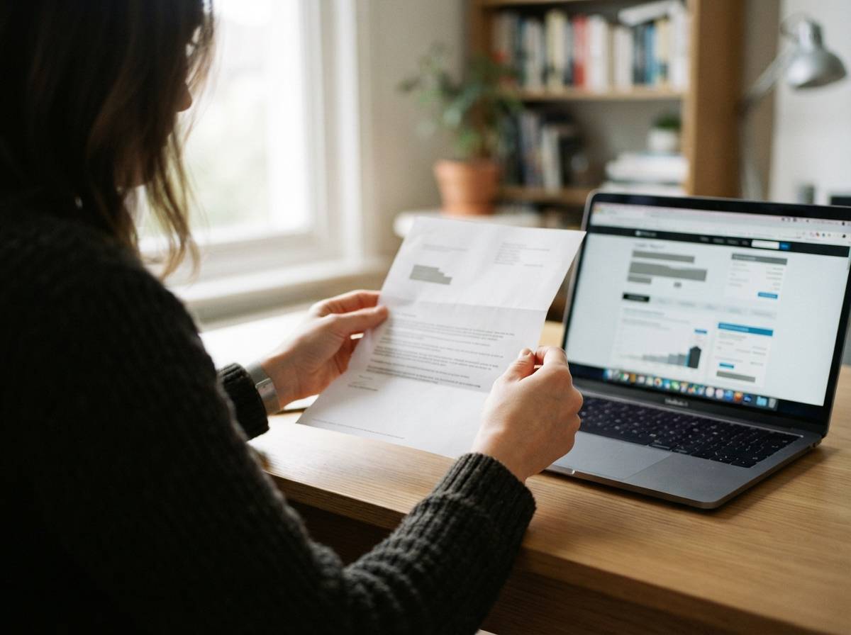 A person reviewing a collection letter alongside a credit report on a laptop screen.