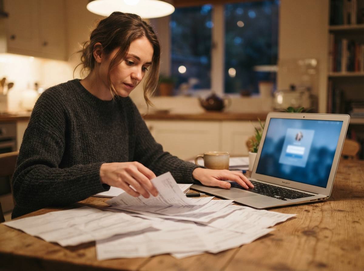 A person reviewing printed student loan statements and a laptop at a kitchen table.