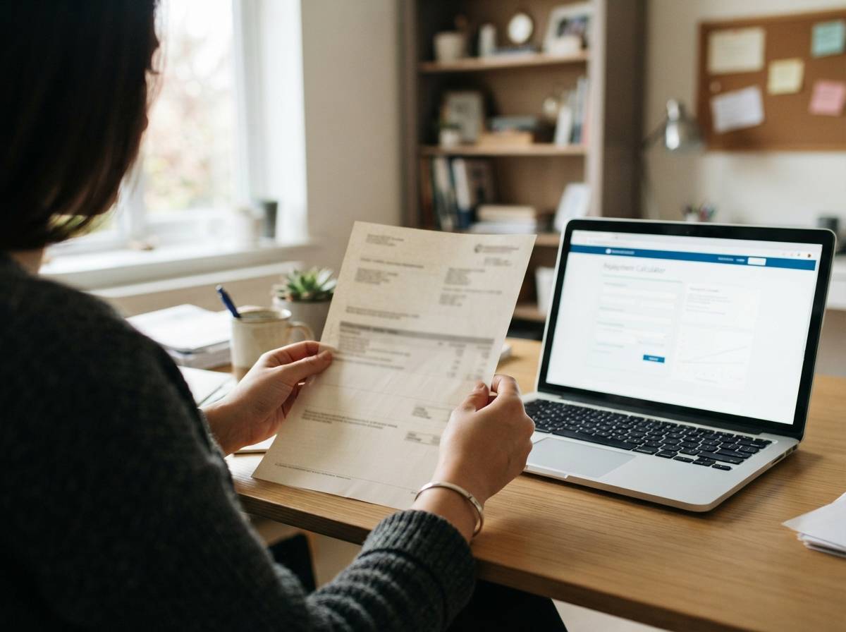 A person reviews bills and a loan account statement at a desk near a window.