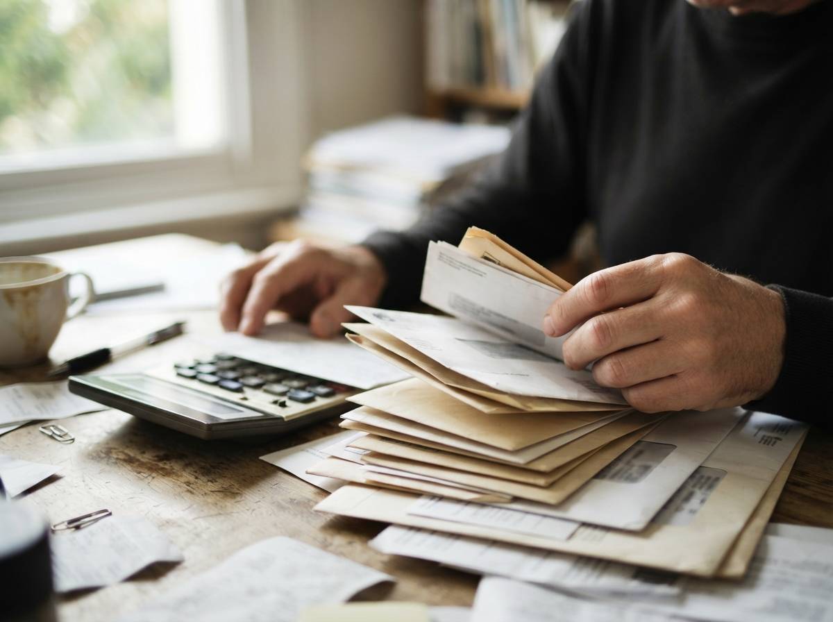 A person's hands sort through overdue bills and a calculator on a desk.
