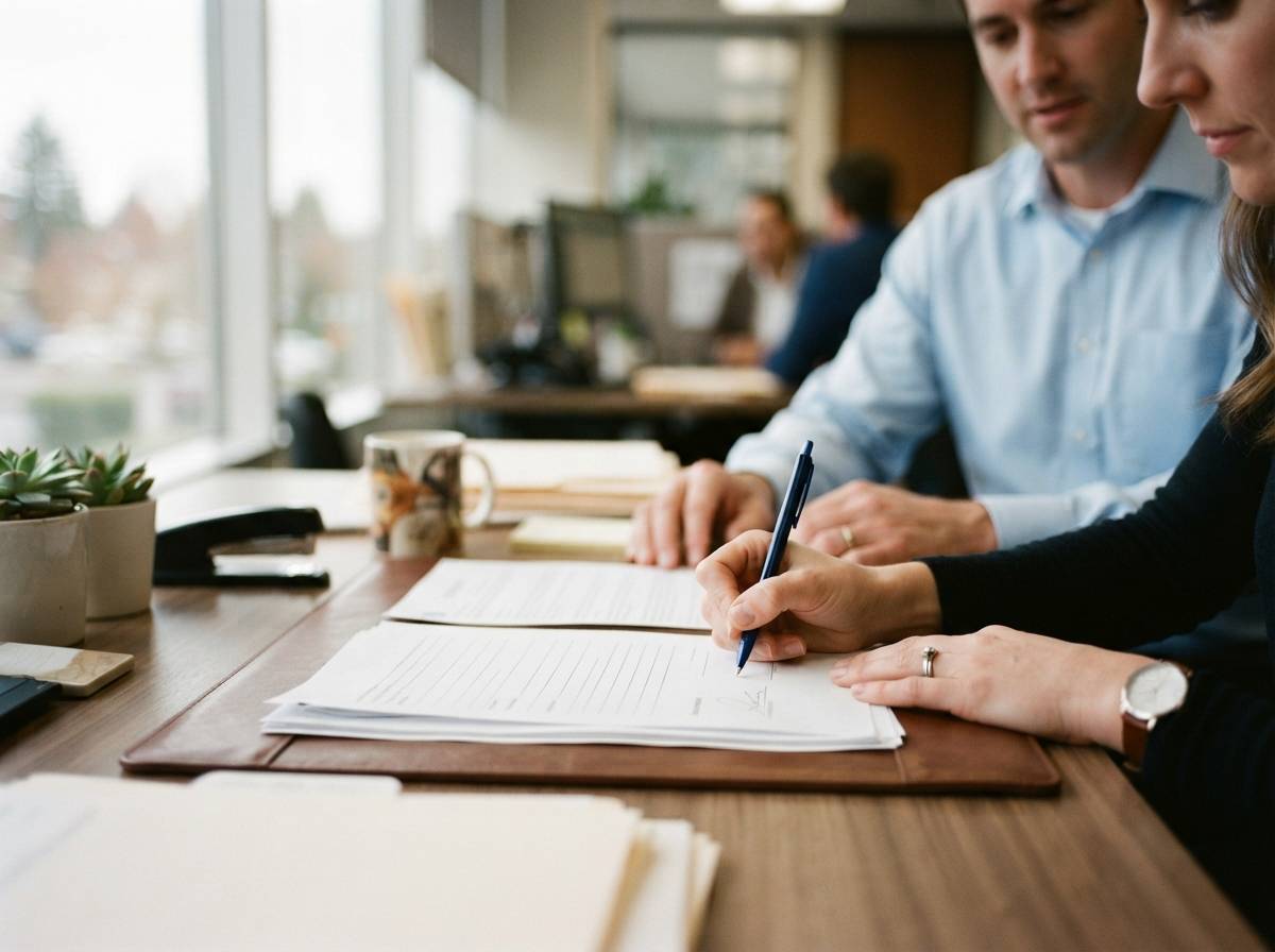A person signing mobile home financing paperwork on a desk in an office.