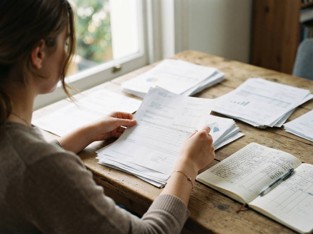 A person sorts multiple student loan statements next to a handwritten budget notebook.