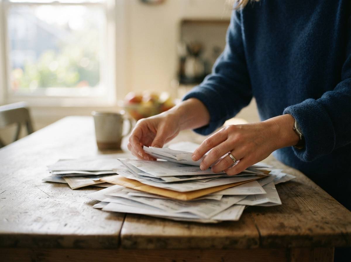 A person sorts through a pile of mail and collection letters at a kitchen table.
