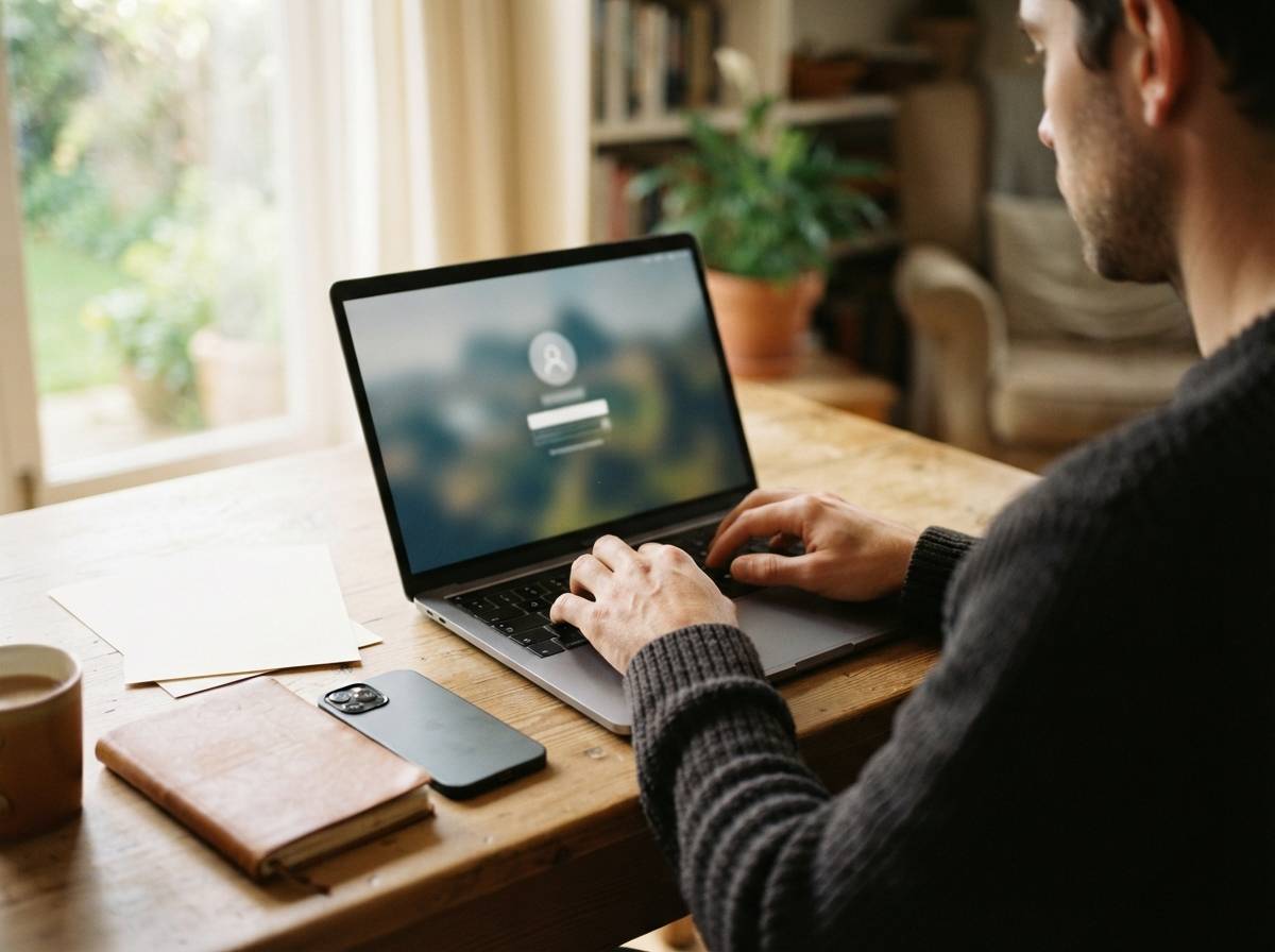 A person types a password into a student loan login screen on a laptop at a home desk.