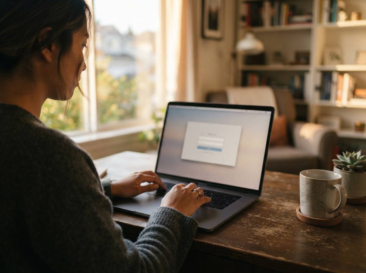 A person types on a laptop while reviewing student loan account details at home.
