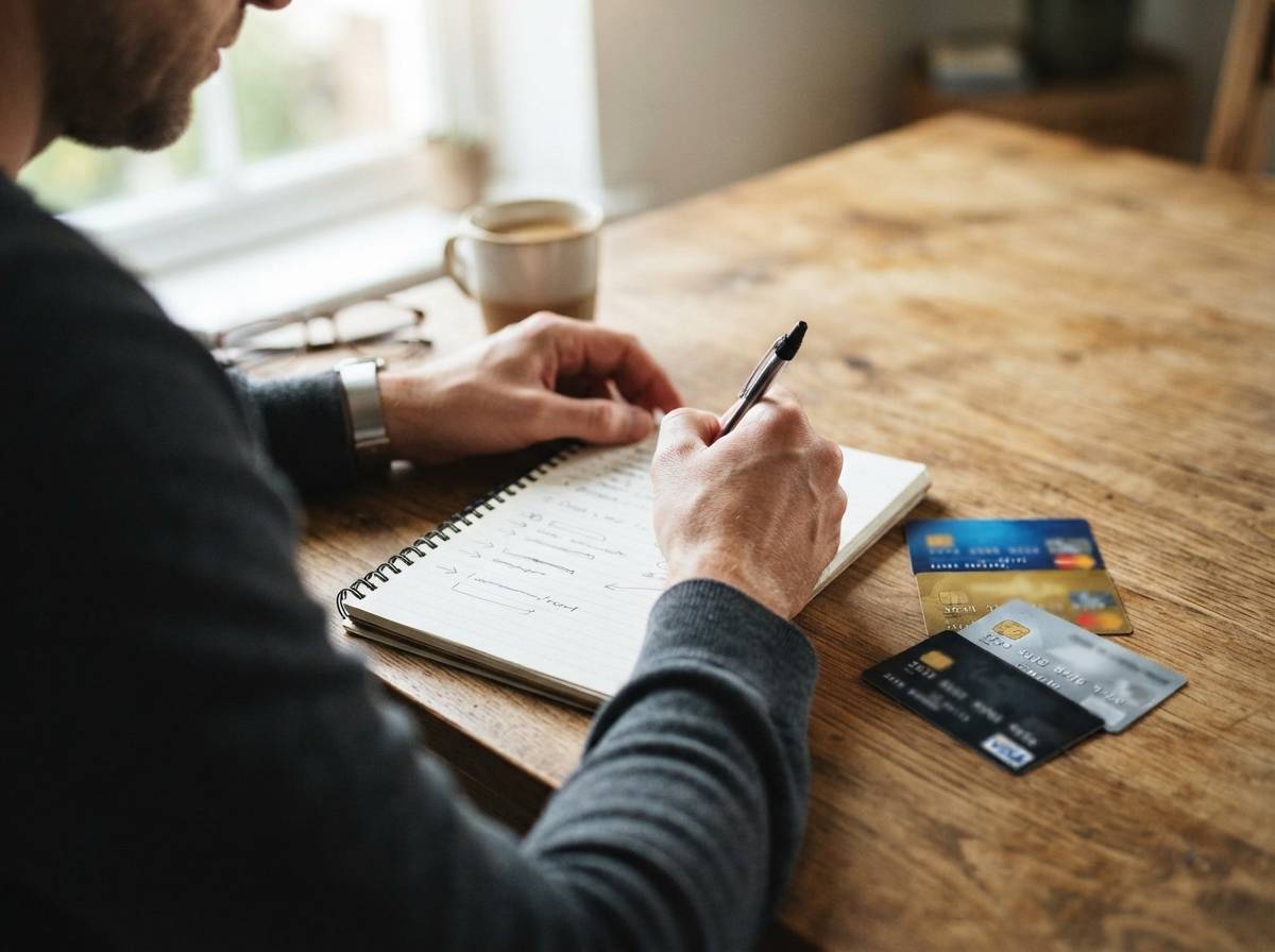 A person writing down a list of debts and interest rates next to several credit cards on a table.