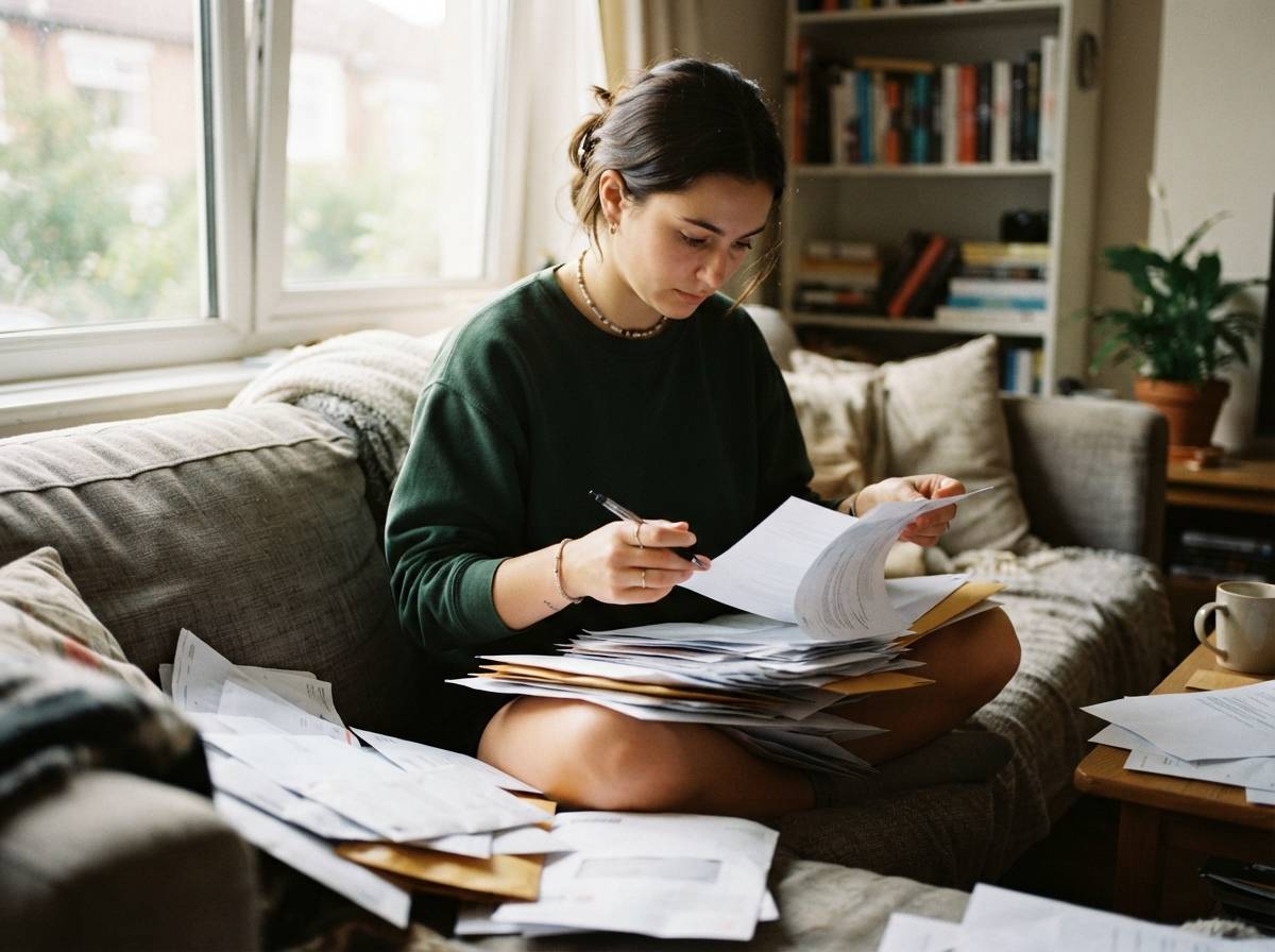 A recent graduate reviews printed credit reports and paperwork while sitting on a couch.