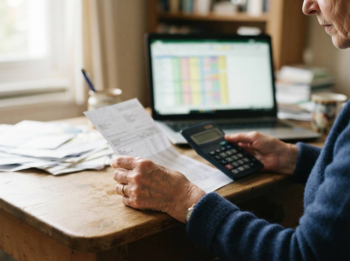 A retiree examines a credit card statement and calculator while reviewing household finances.