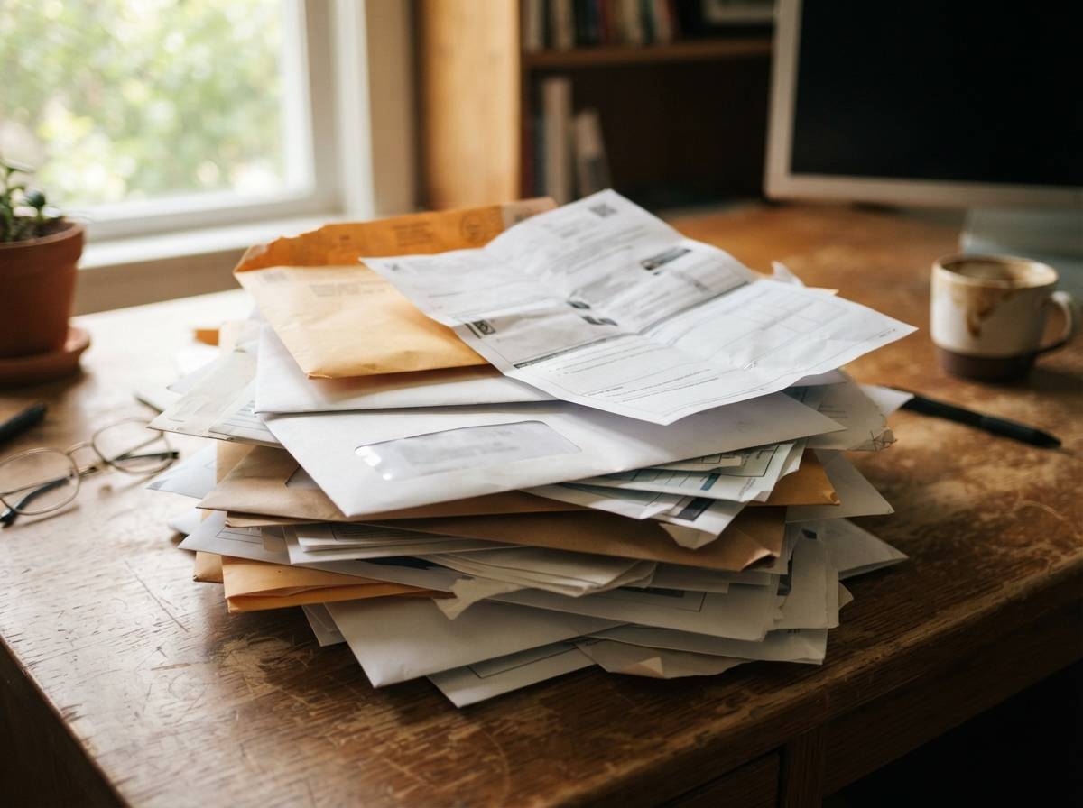 A stack of student loan statements and government mail sits on a desk.