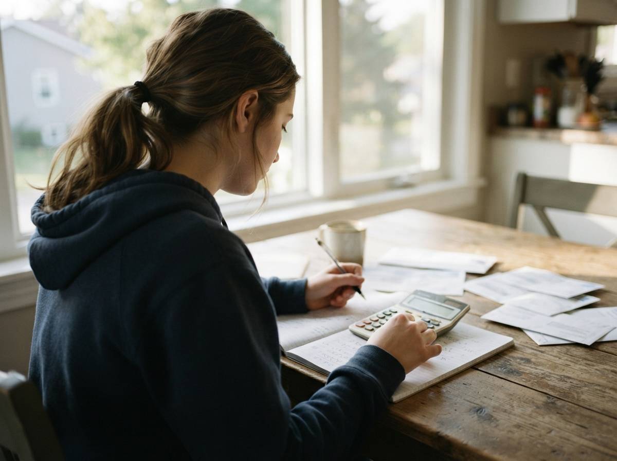 A student calculates monthly student loan payments at a kitchen table with bills spread out.