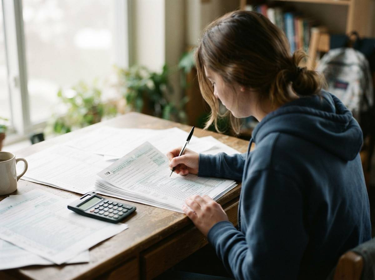 A student fills out paperwork while appealing a denied student loan application.