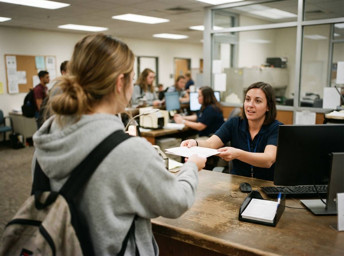 A student hands paperwork to a staff member at a campus financial aid office counter.