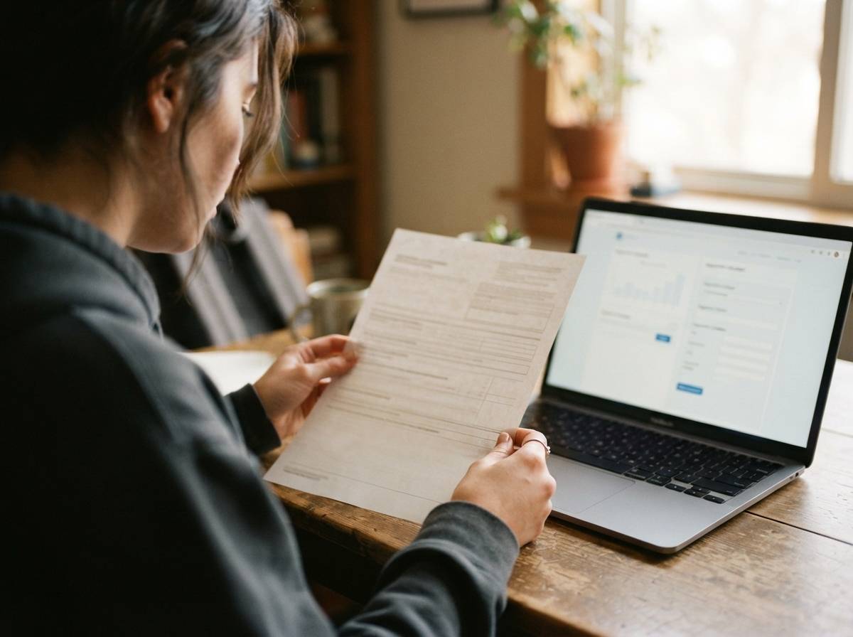 A student reviews a printed loan disclosure statement next to a laptop showing repayment figures.