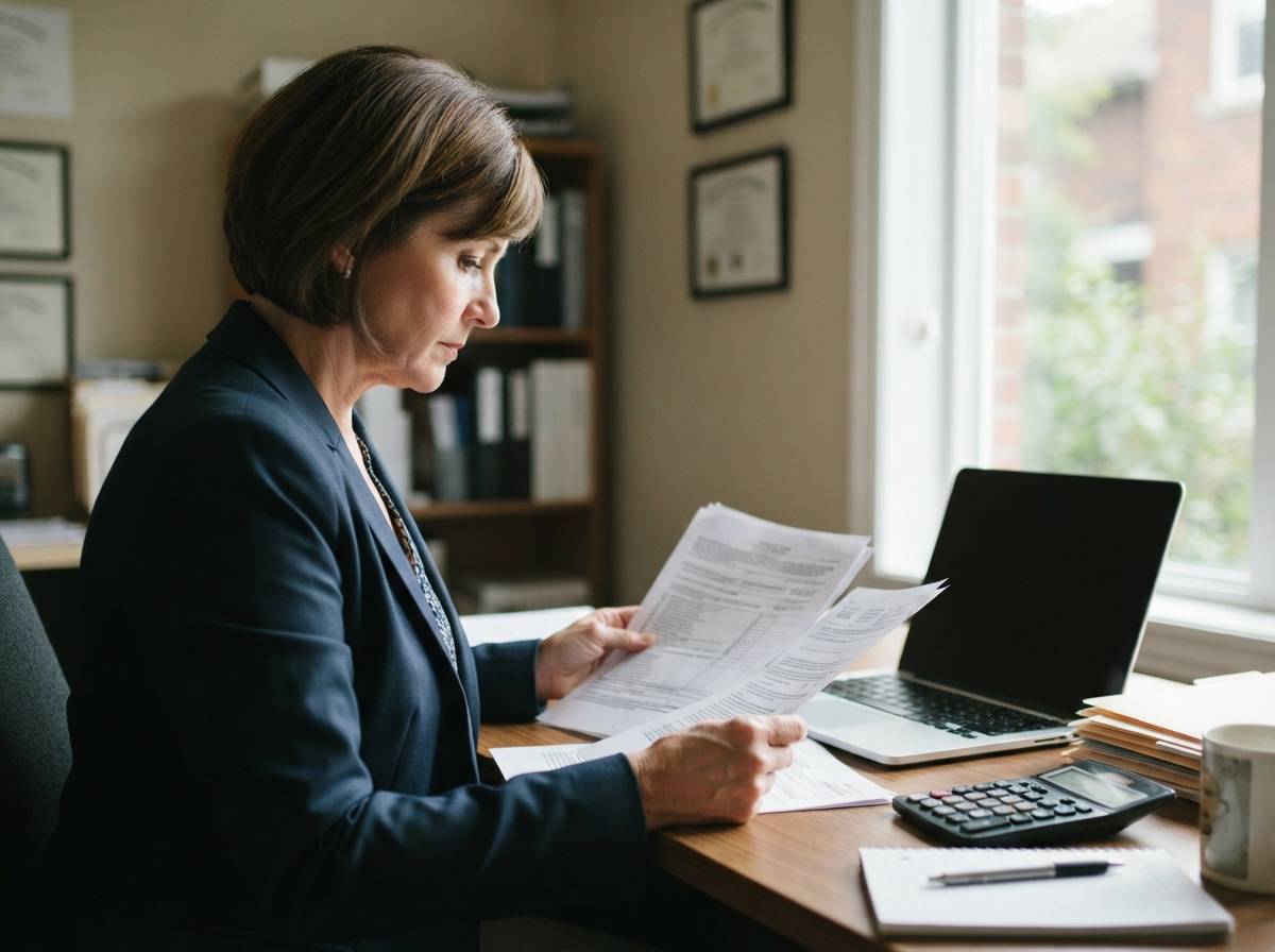 A tax professional reviews IRS transcripts and paperwork at an office desk.
