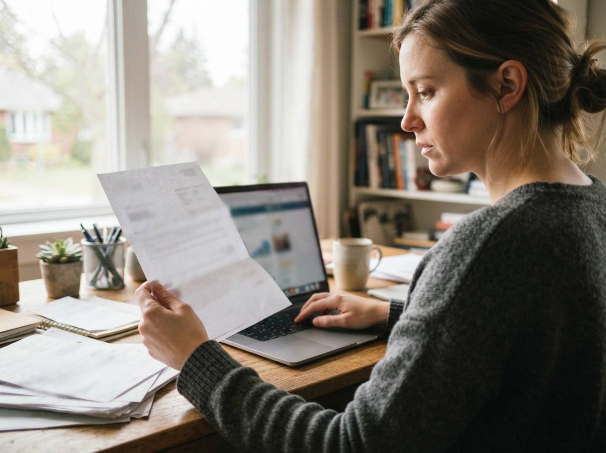 A woman reviews a past due notice while typing on her laptop at a home desk.