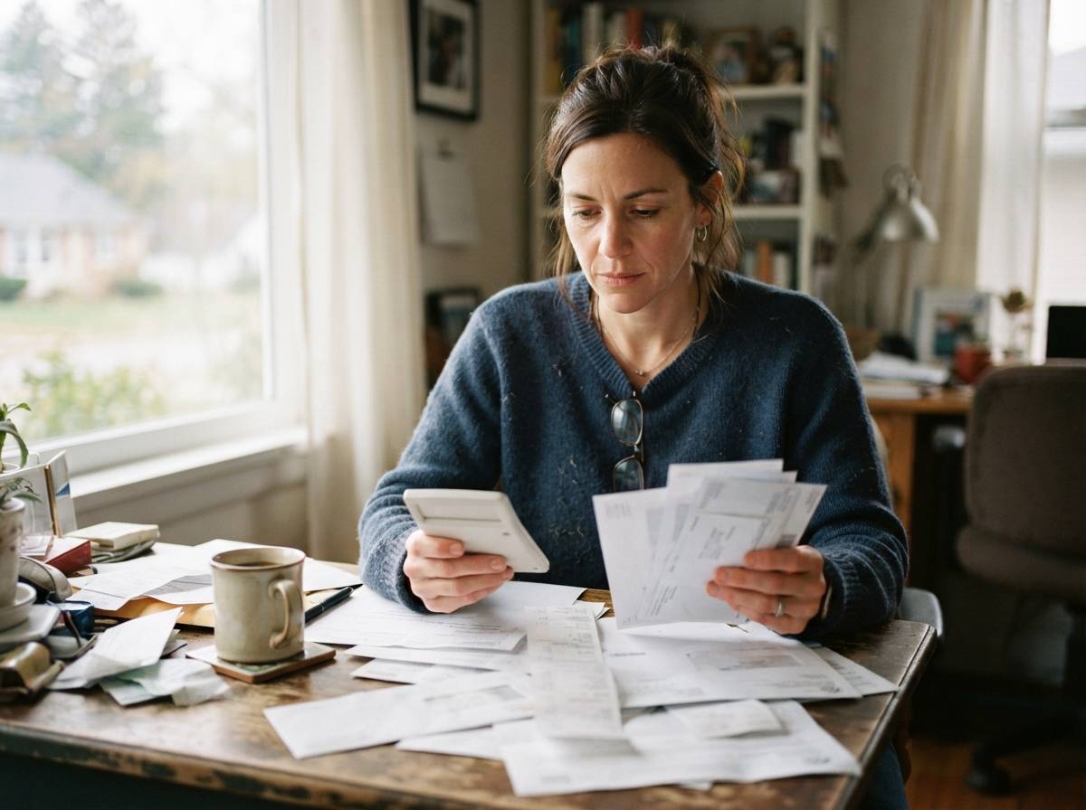 A woman reviews household bills and loan statements at a home desk in natural morning light.