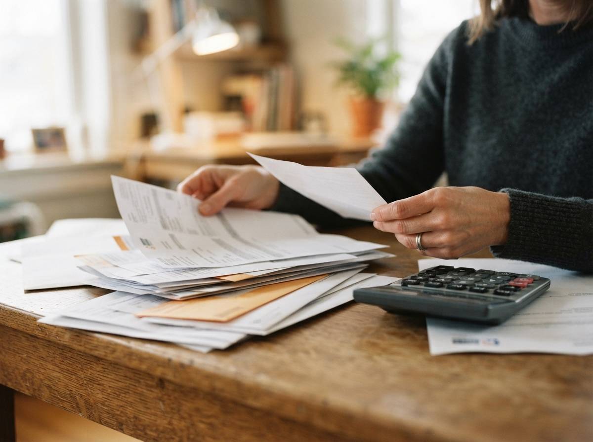 A woman sorts through overdue bills and uses a calculator at her desk.
