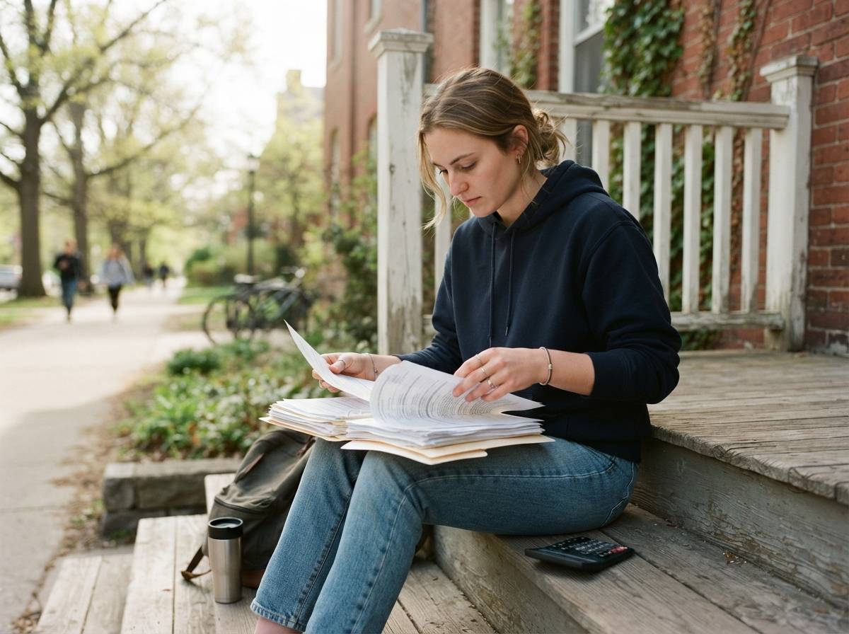 A young adult fills out a student loan application form at a desk with a calculator nearby.