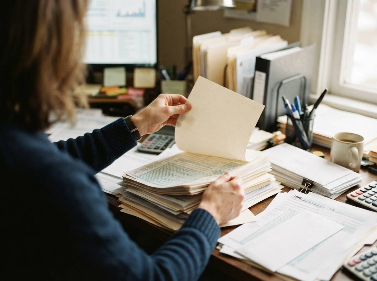 An accountant sorts through stacks of IRS tax documents on a desk.
