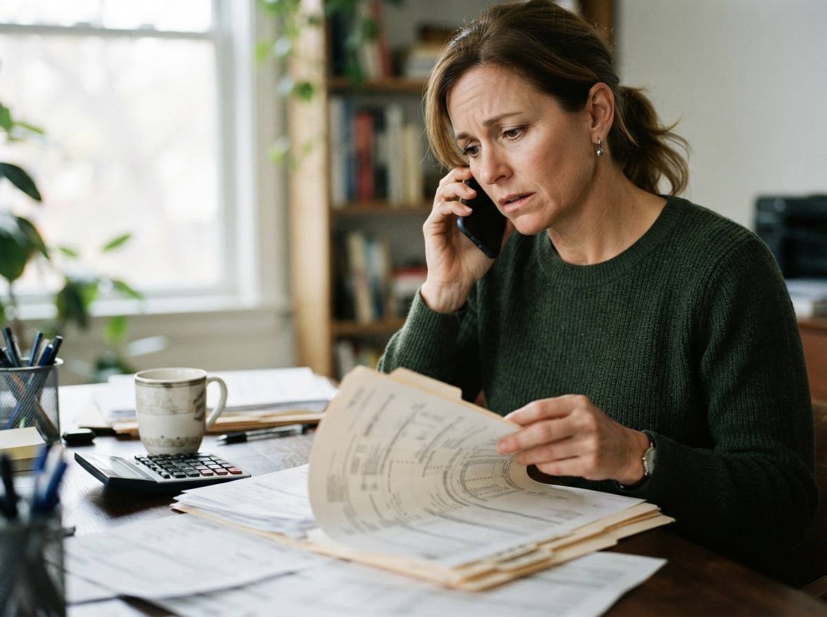 An adult on the phone reviews financial paperwork while dealing with overdue student loan bills.
