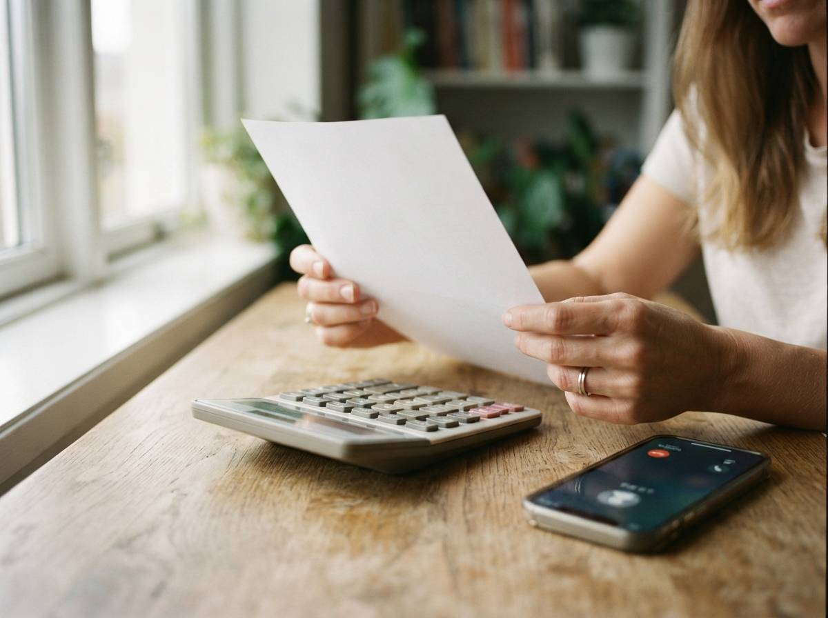 Close up of hands holding a credit card statement and calculator while negotiating a debt settlement.