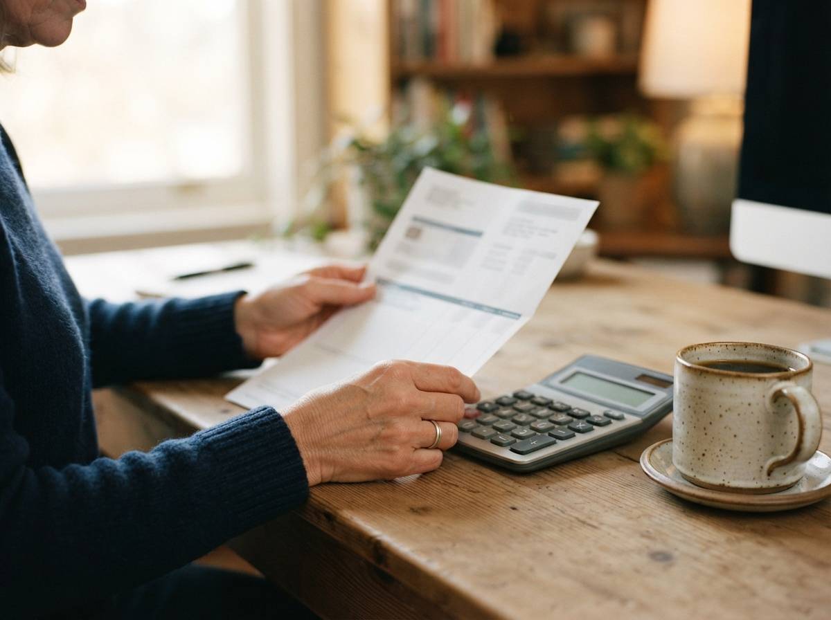 Close up of hands holding a credit card statement beside a calculator on a desk.