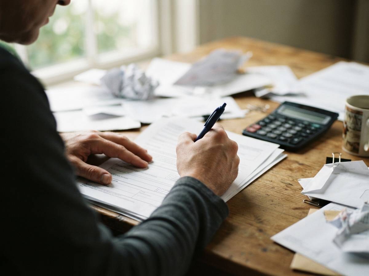 Close up of hands holding a phone near printed student loan default notices and a calculator.