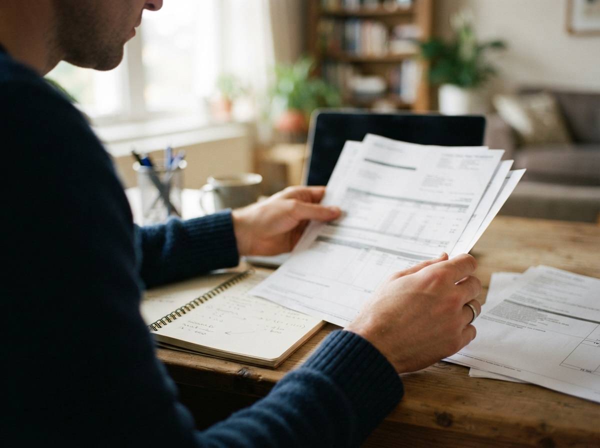 Close up of hands organizing printed student loan paperwork and handwritten notes on a desk.