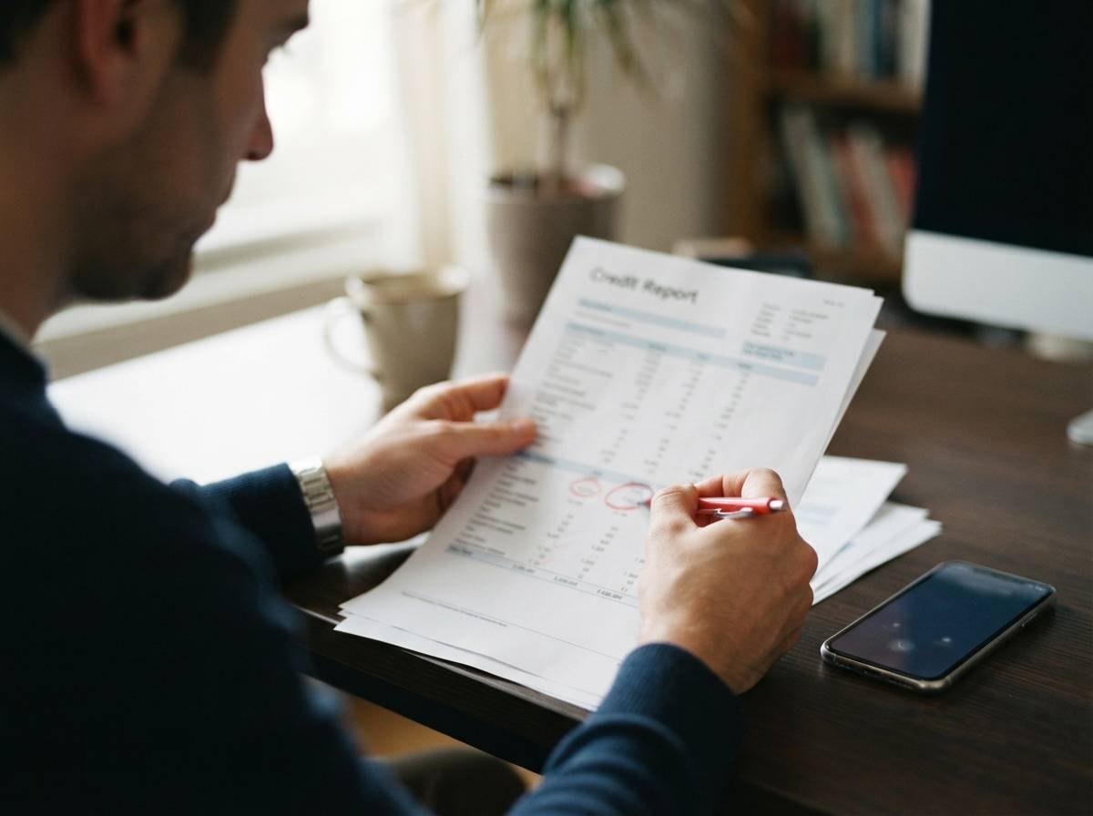 Close up of hands reviewing a credit report and marking an item with a pen.