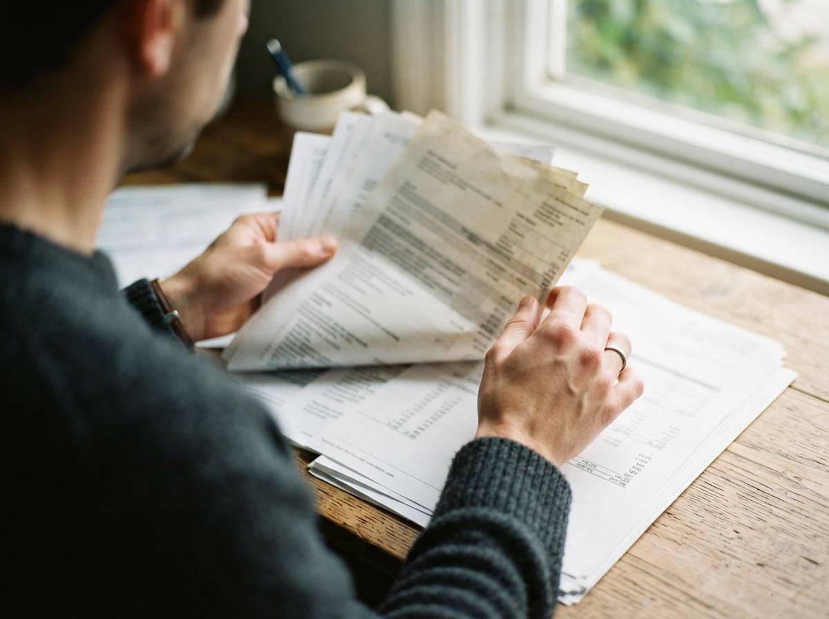 Close up of hands sorting through printed student loan paperwork on a desk.