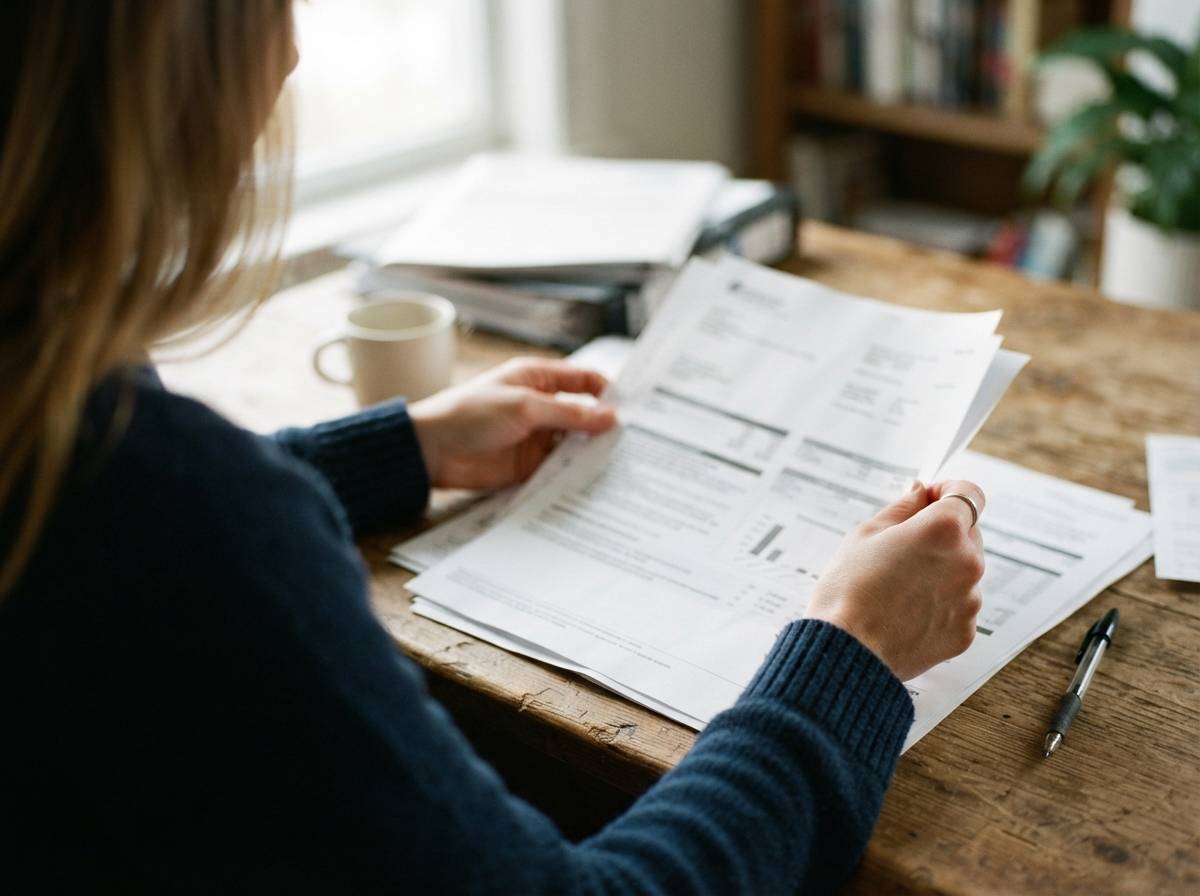 Close up of hands sorting through printed student loan statements on a desk.