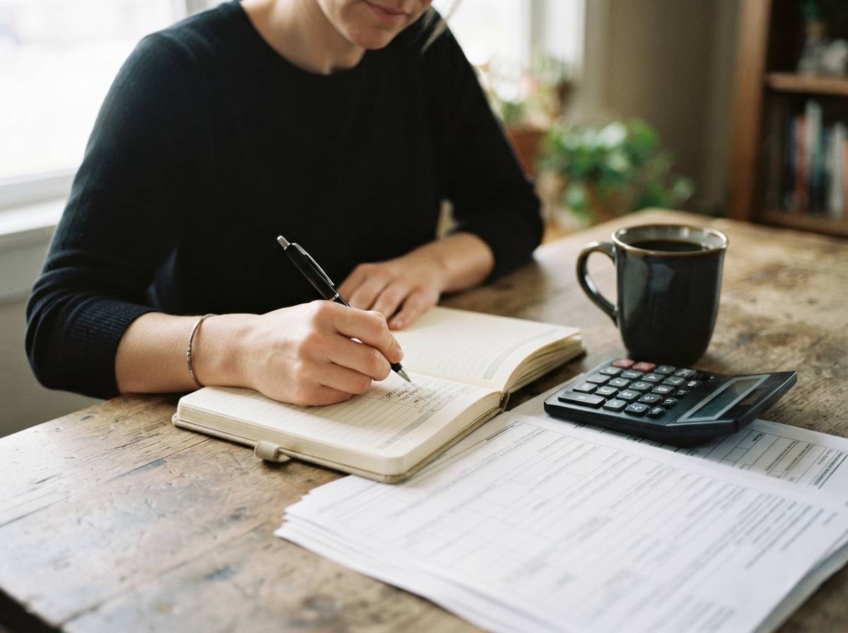 Close up of hands writing in a budget notebook beside a calculator and unemployment paperwork.