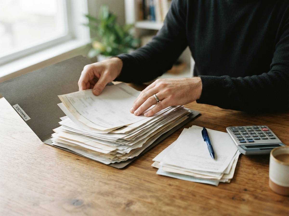 Hands organize printed student loan statements and payment records in a folder on a desk.