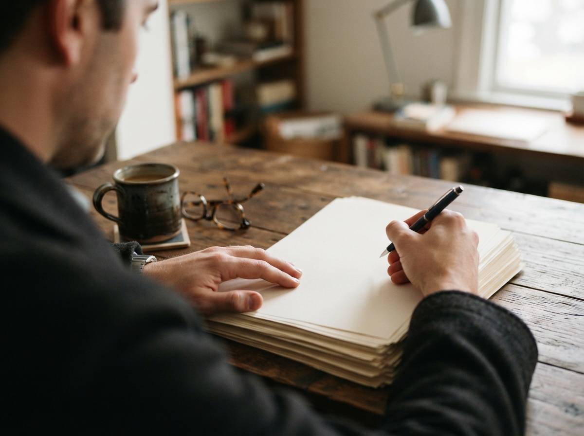 Hands signing bankruptcy filing documents on a desk with glasses and coffee nearby.