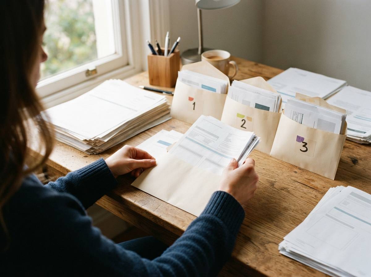 Hands sort bank statements and student loan bills into labeled envelopes on a desk.