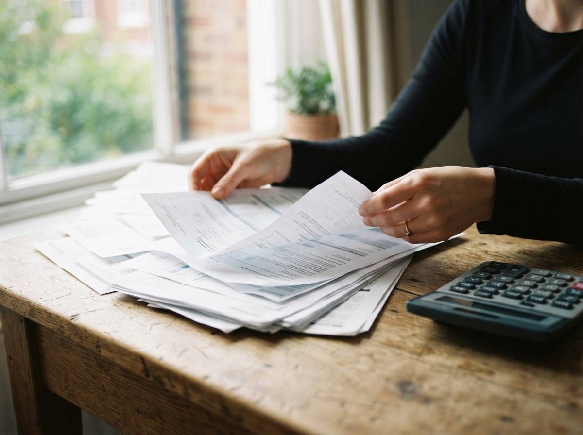 Hands sort printed student loan paperwork and a calculator on a desk near natural light.