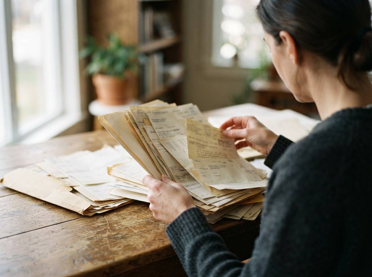 Hands sorting through old collection letters and bank statements on a desk.